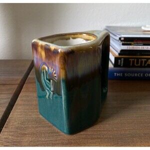 Signed Vintage Mexican Pottery Padilla Kokopelli Flat Mug Drip Glaze‎ Green Blue